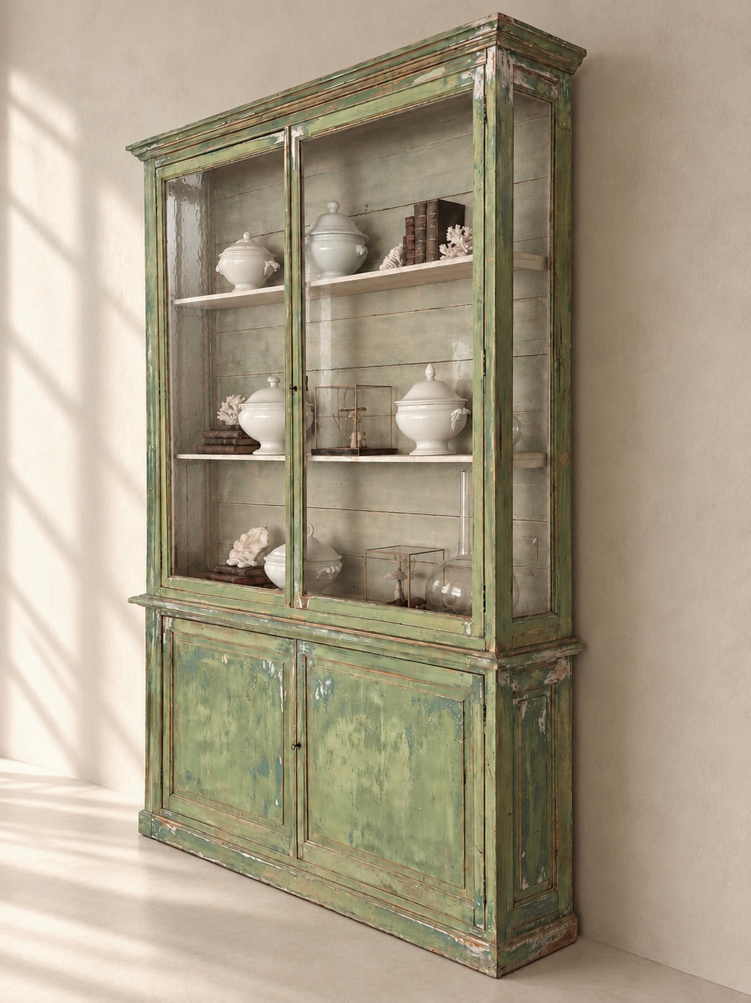 VITRINE FRANÇAISE AVEC VERRES SOUFFLÉS ET PEINTURE D’ORIGINE, VERS 1880