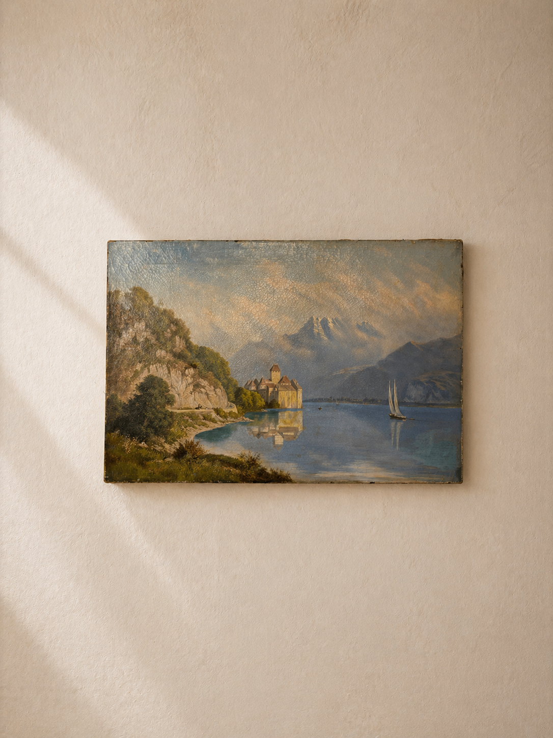 LAKE GENEVA LANDSCAPE, OIL ON CANVAS 19TH CENTURY