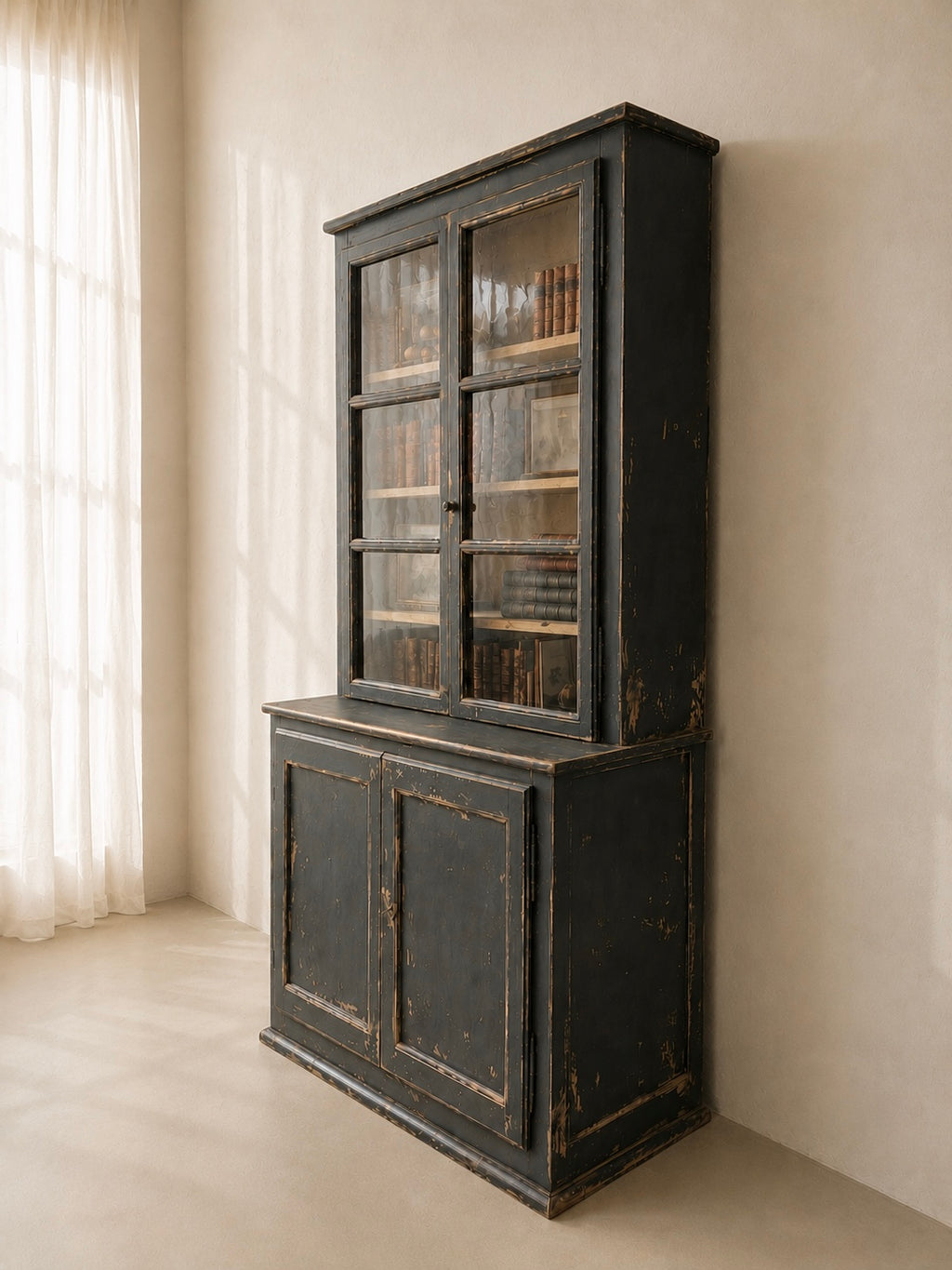 19TH CENTURY FRENCH DISPLAY CABINET IN ANTHRACITE WITH WATER GLASS