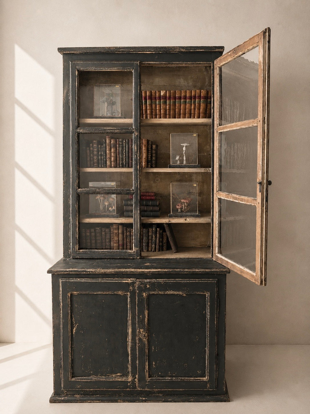 19TH CENTURY FRENCH DISPLAY CABINET IN ANTHRACITE WITH WATER GLASS