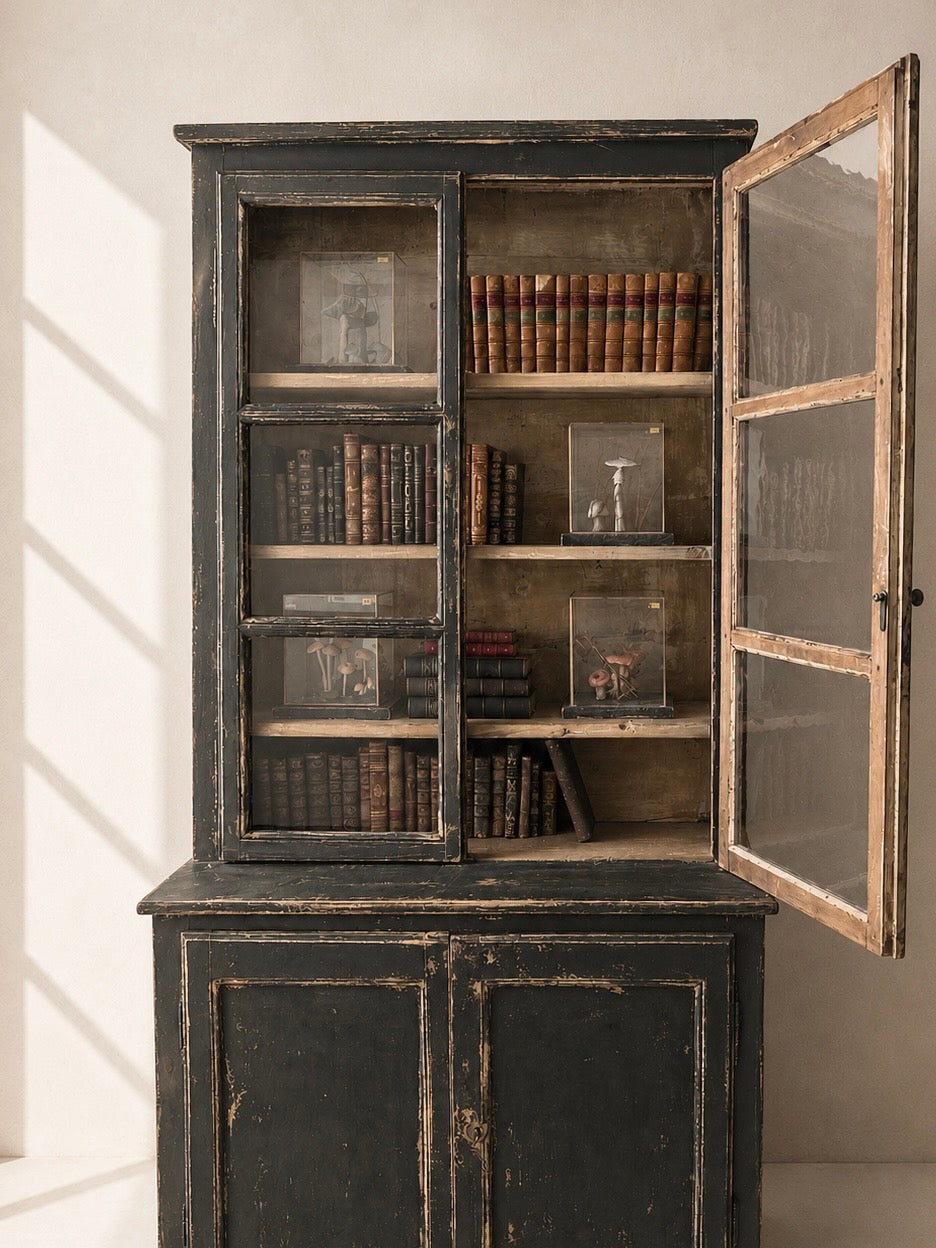 19TH CENTURY FRENCH DISPLAY CABINET IN ANTHRACITE WITH WATER GLASS