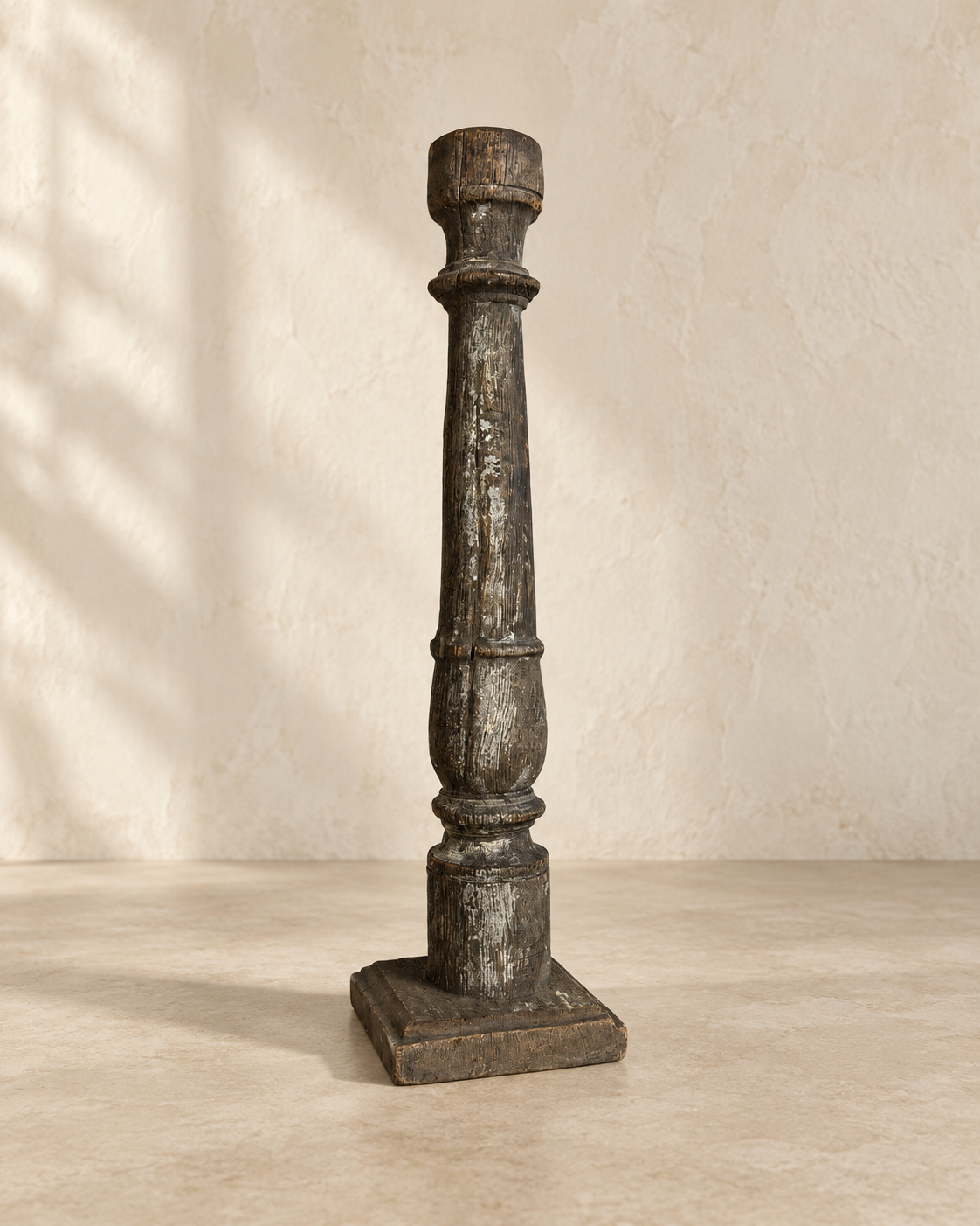 19TH CENTURY RECLAIMED WOOD INDIAN CANDLE HOLDER. V-5