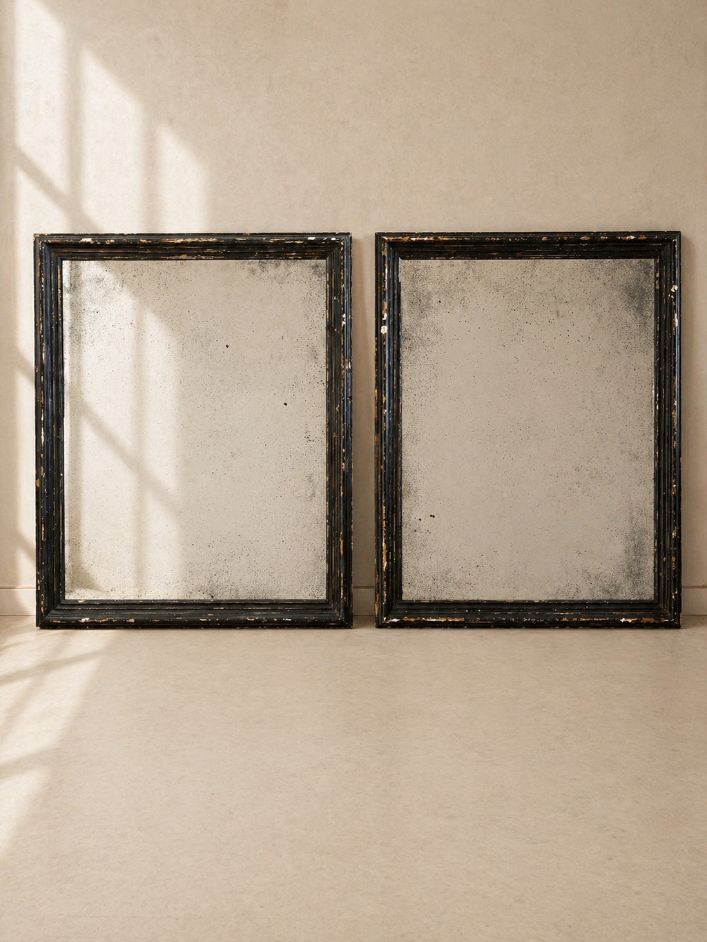 PAIR OF AGED MIRRORS WITH 19TH CENTURY FRAMES PATINATED IN BOTTLE GREEN