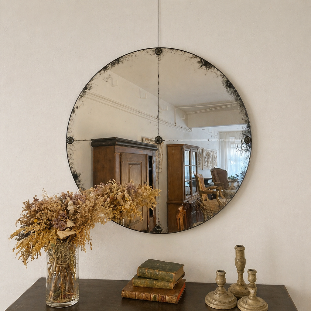 ROUND MIRROR WITH HAND-AGED FINISH