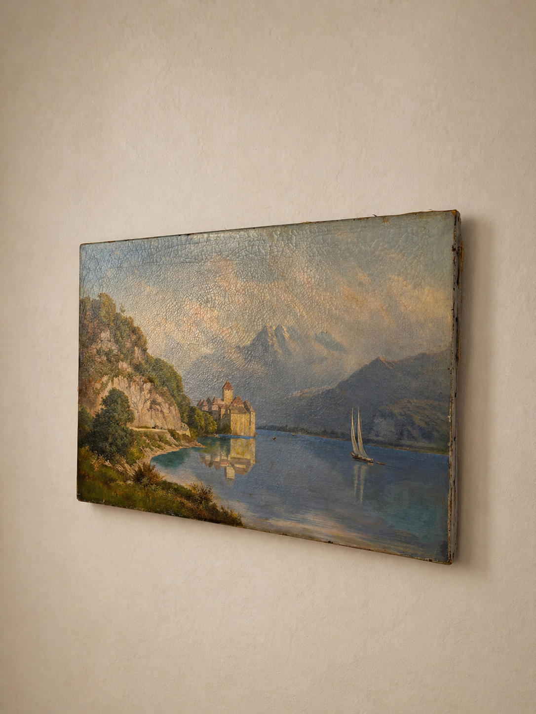 LAKE GENEVA LANDSCAPE, OIL ON CANVAS 19TH CENTURY