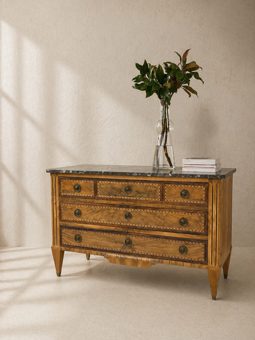 FRENCH LOUIS XVI COMMODE WITH MARQUETRY AND MARBLE, 18TH CENTURY