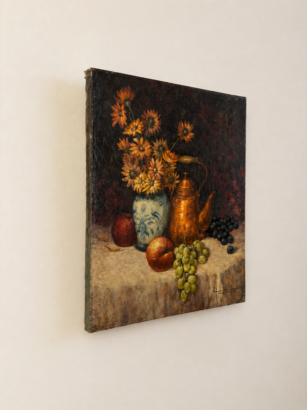 BODEGÓN FLORAL CON FRUTAS EN ÓLEO SOBRE TABLA S.XIX