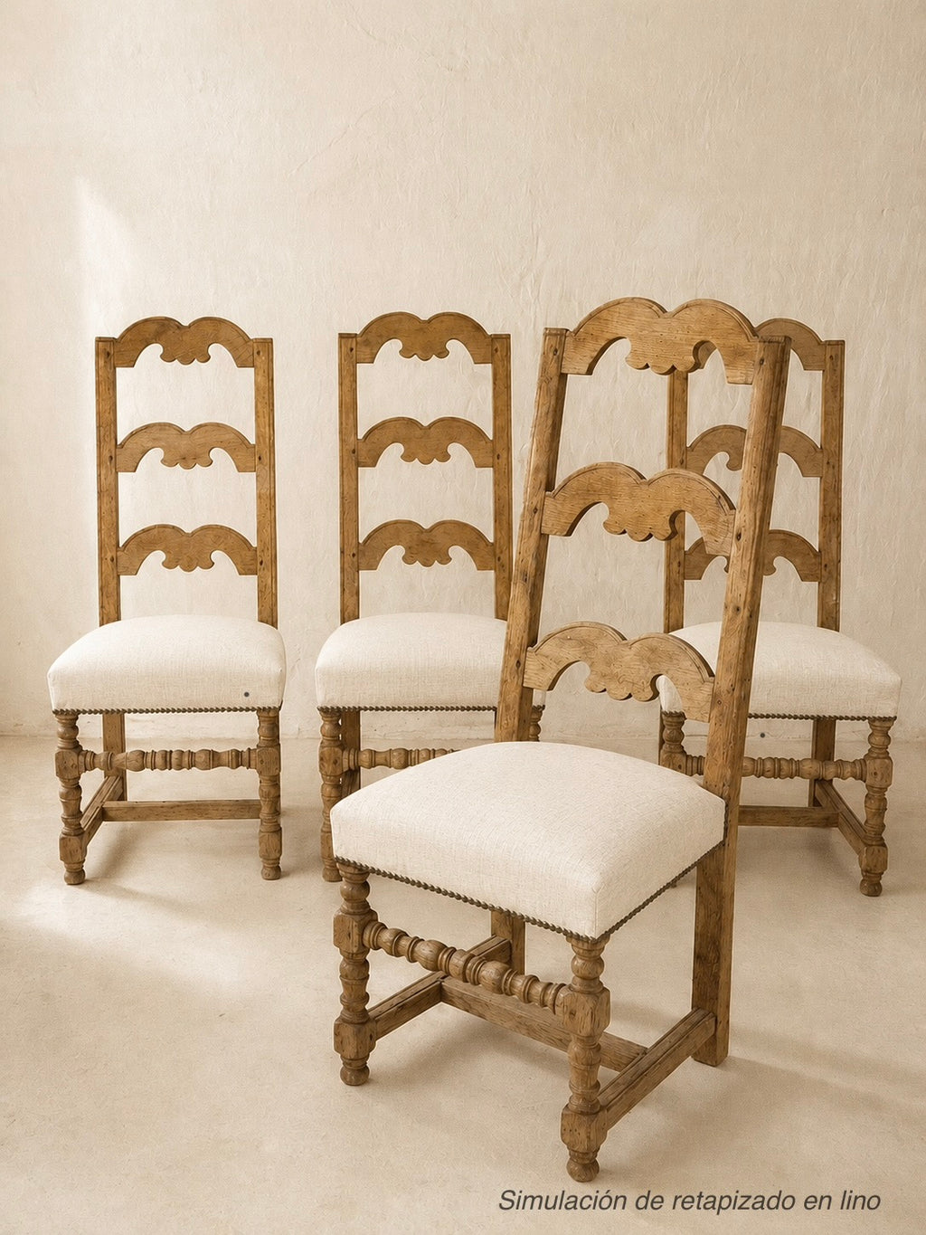 CONJUNTO DE 4 SILLAS FRANCESAS DE ROBLE MACIZO ESTILO LOUIS XIII
