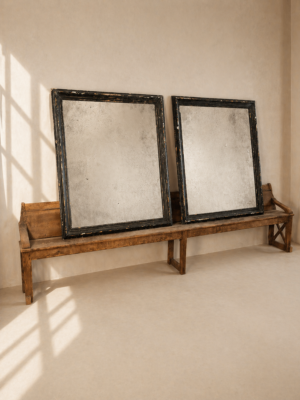 PAIR OF AGED MIRRORS WITH 19TH CENTURY FRAMES PATINATED IN BOTTLE GREEN