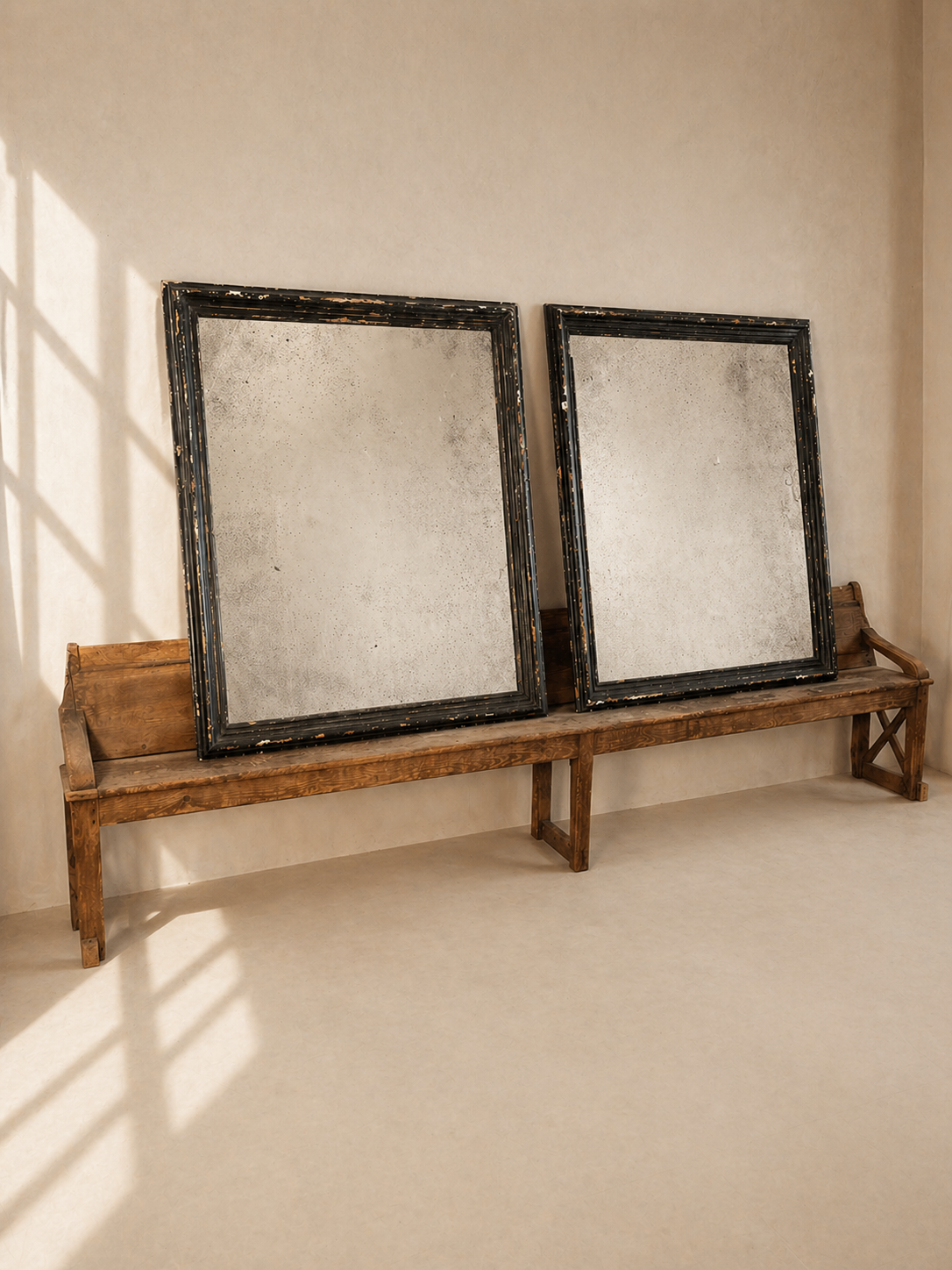 PAIR OF AGED MIRRORS WITH 19TH CENTURY FRAMES PATINATED IN BOTTLE GREEN