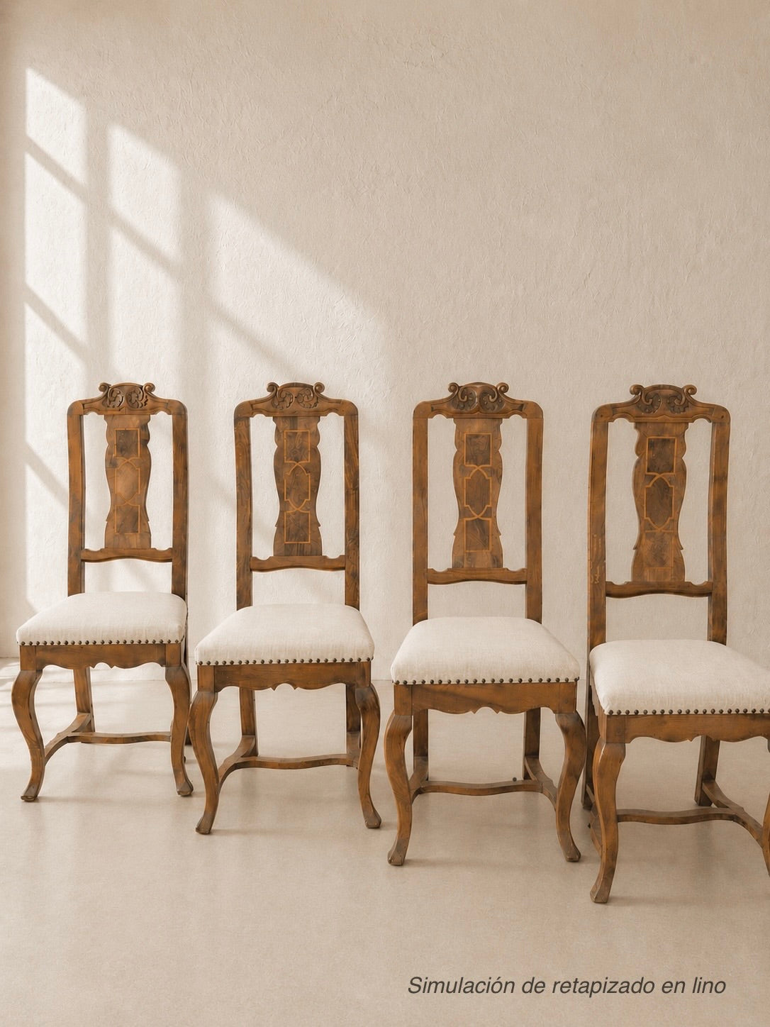 CONJUNTO DE 4 SILLAS DE NOGAL CON MARQUETERÍA C.1800