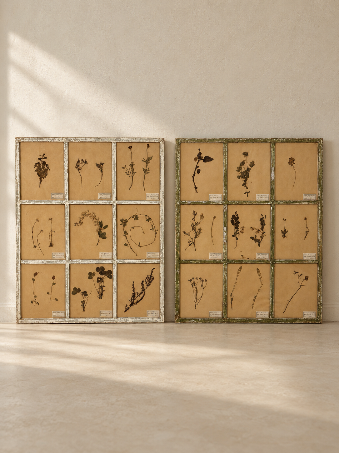 COMPOSITION DE 9 HERBIERS ANCIENS EN CADRE BLANC LIN