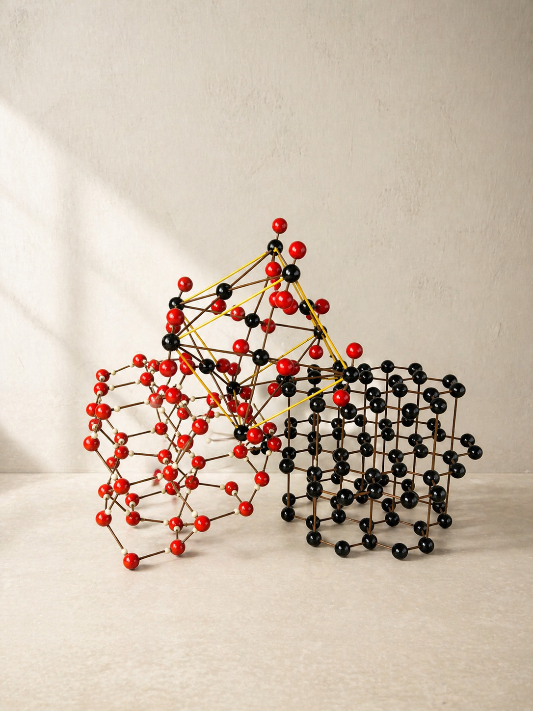 MODELO DE ESTRUCTURA MOLECULAR AMARILLO, NEGRO Y ROJO, AÑOS 50