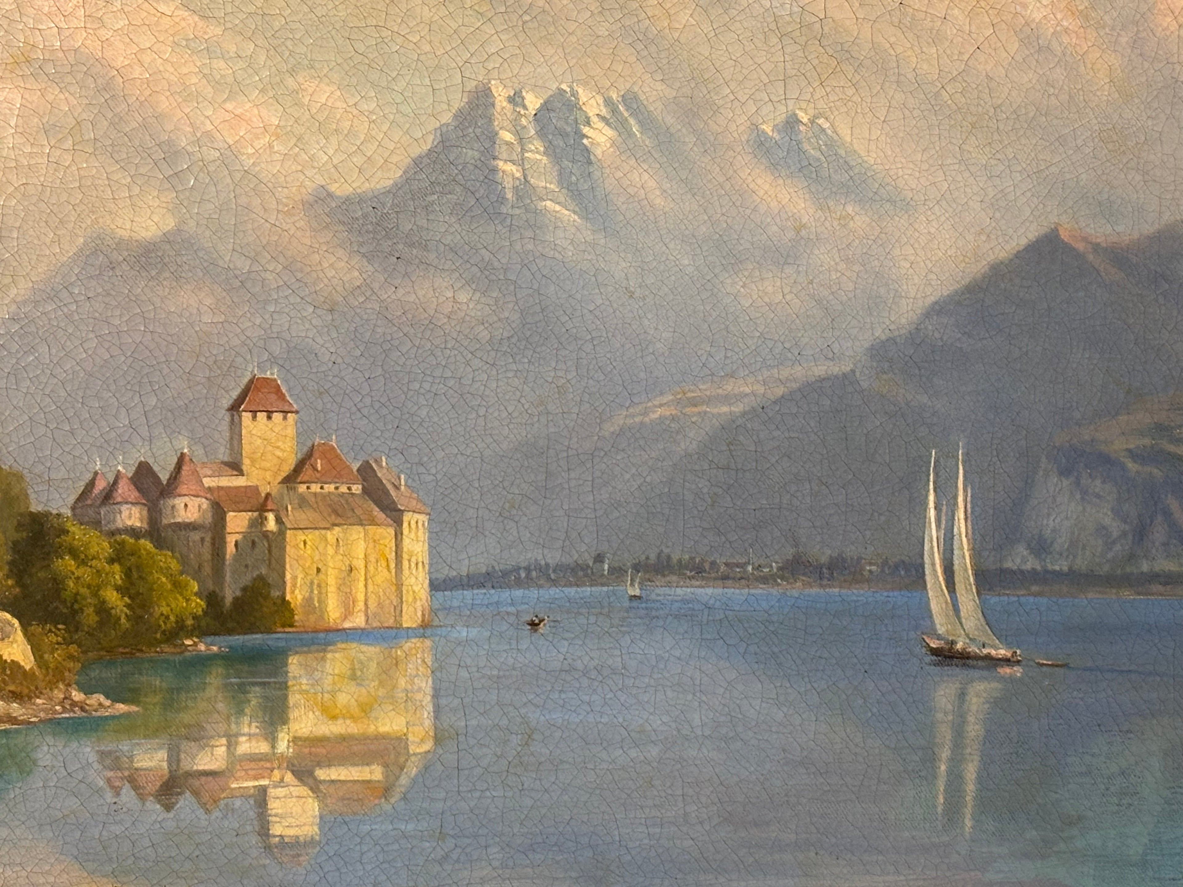 LAKE GENEVA LANDSCAPE, OIL ON CANVAS 19TH CENTURY
