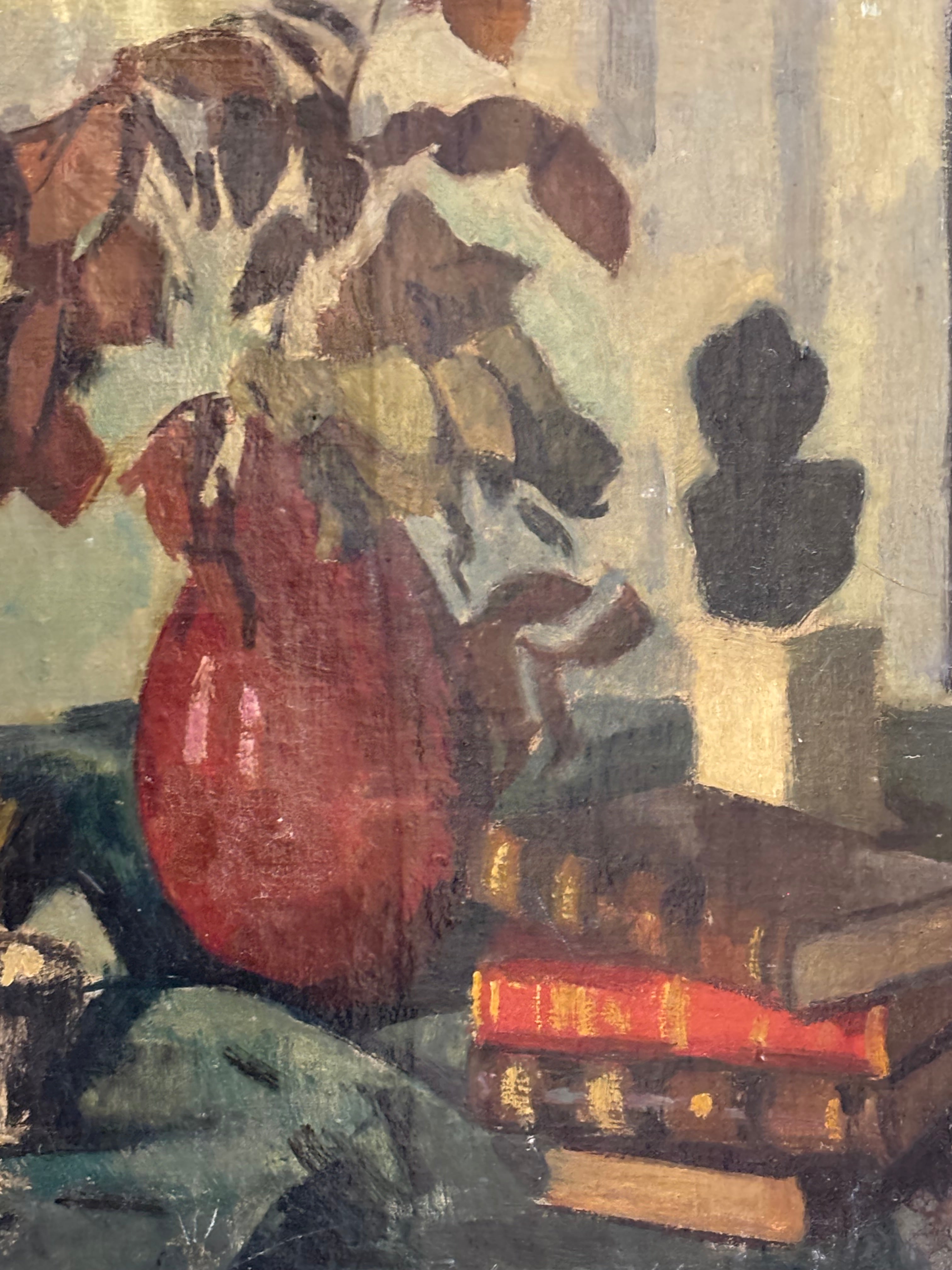 STILL LIFE WITH BOOKS AND VASE. OIL ON CANVAS 40s/50s