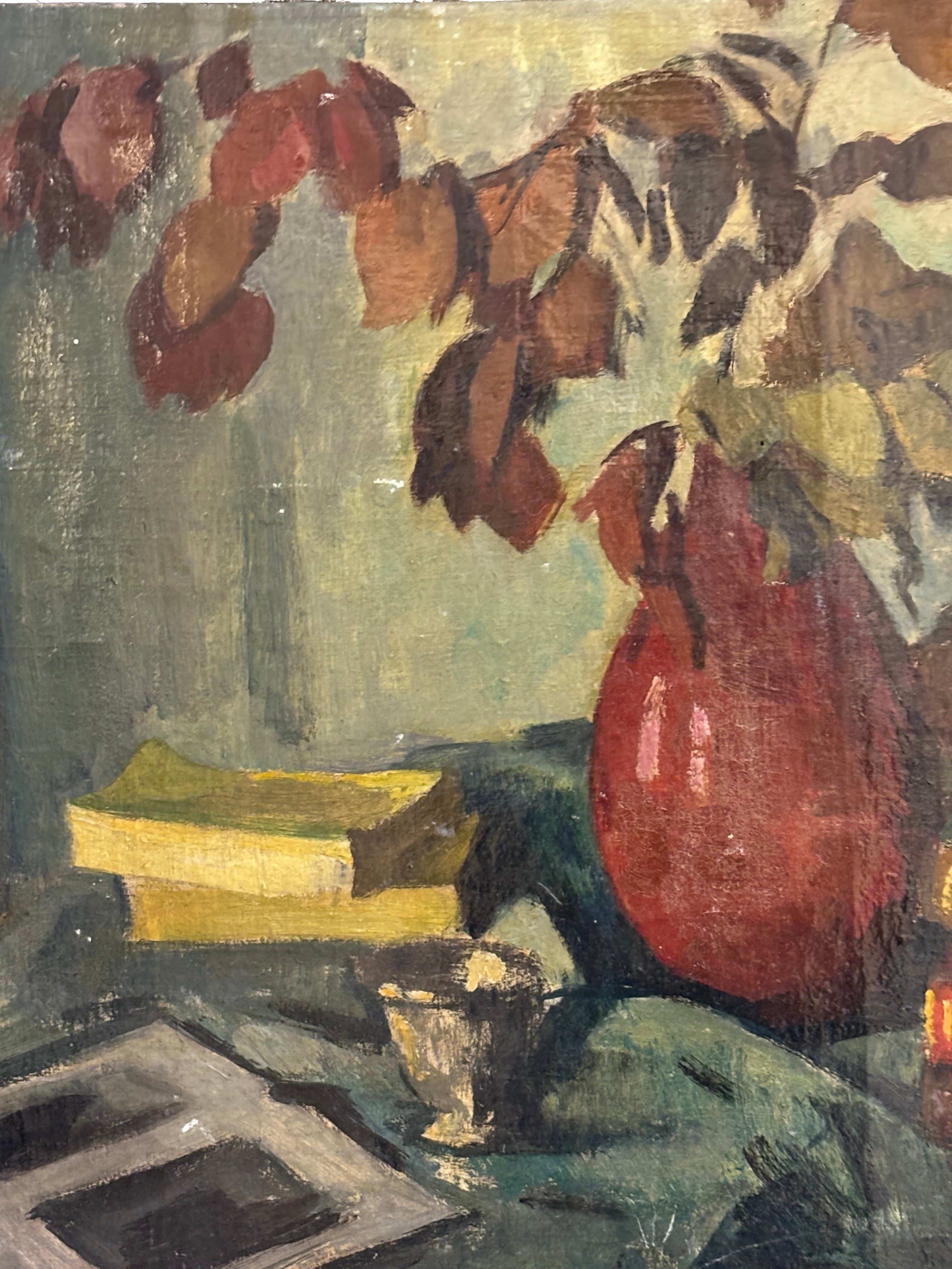 STILL LIFE WITH BOOKS AND VASE. OIL ON CANVAS 40s/50s