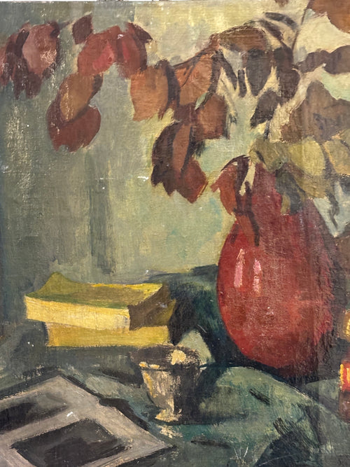 BODEGÓN CON LIBROS Y JARRÓN. ÓLEO SOBRE LIENZO AÑOS 40/50