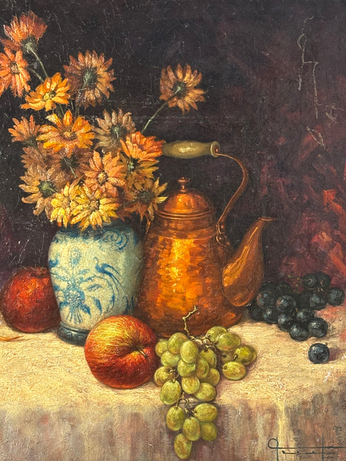 BODEGÓN FLORAL CON FRUTAS EN ÓLEO SOBRE TABLA S.XIX
